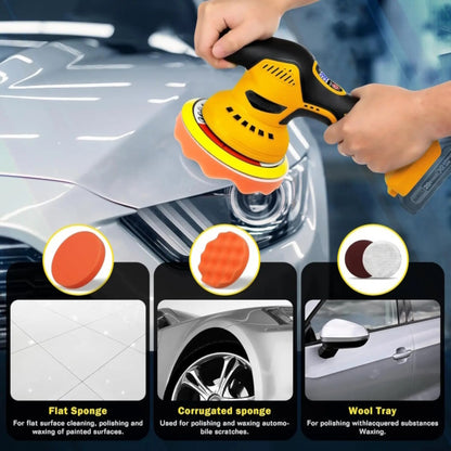 Yellow car polisher being used with flat, corrugated, and wool pad options.