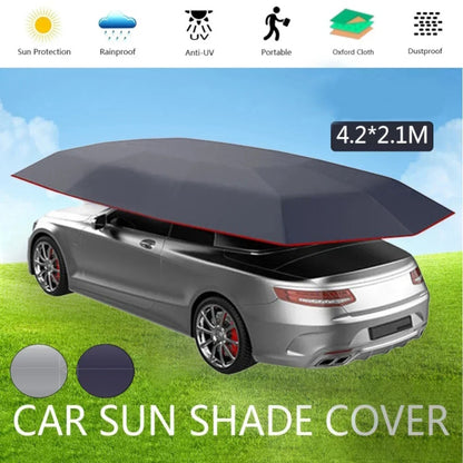 Gray car sun shade cover on a silver car with icons for UV and rain protection