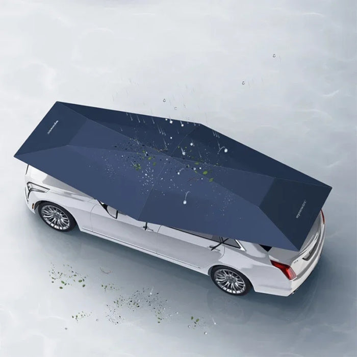 Dark blue automatic car umbrella installed on a white sedan to block sun and rain
