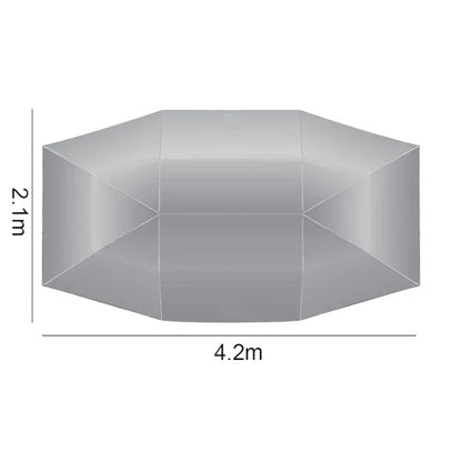 Technical diagram showing the 4.2m length and 2.1m width of a silver car umbrella