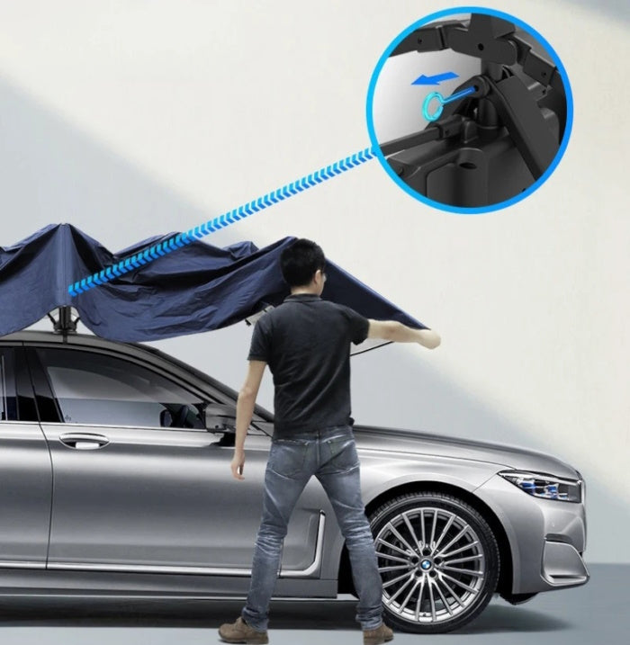 Side-by-side comparison of a sedan rooftop with and without a blue car umbrella