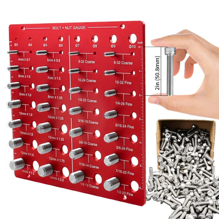 A hand inserting a bolt into a Taskrafter thread checker to identify its size.