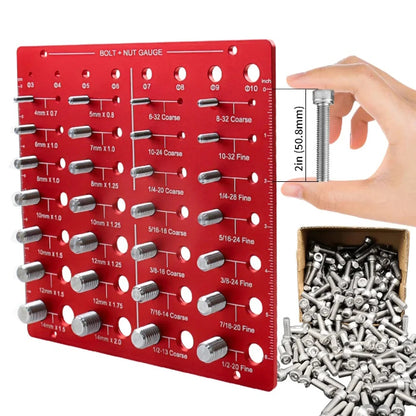 A hand inserting a bolt into a Taskrafter thread checker to identify its size.