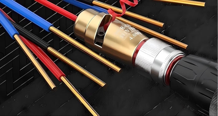 Electric drill stripper peeling insulation to reveal a clean undamaged copper core.