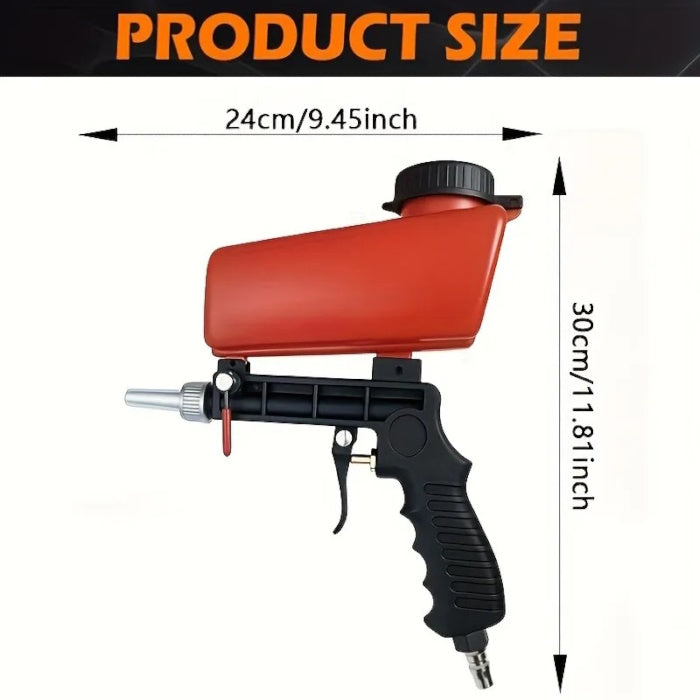 Dimensional drawing of a handheld sandblasting gun showing its compact size