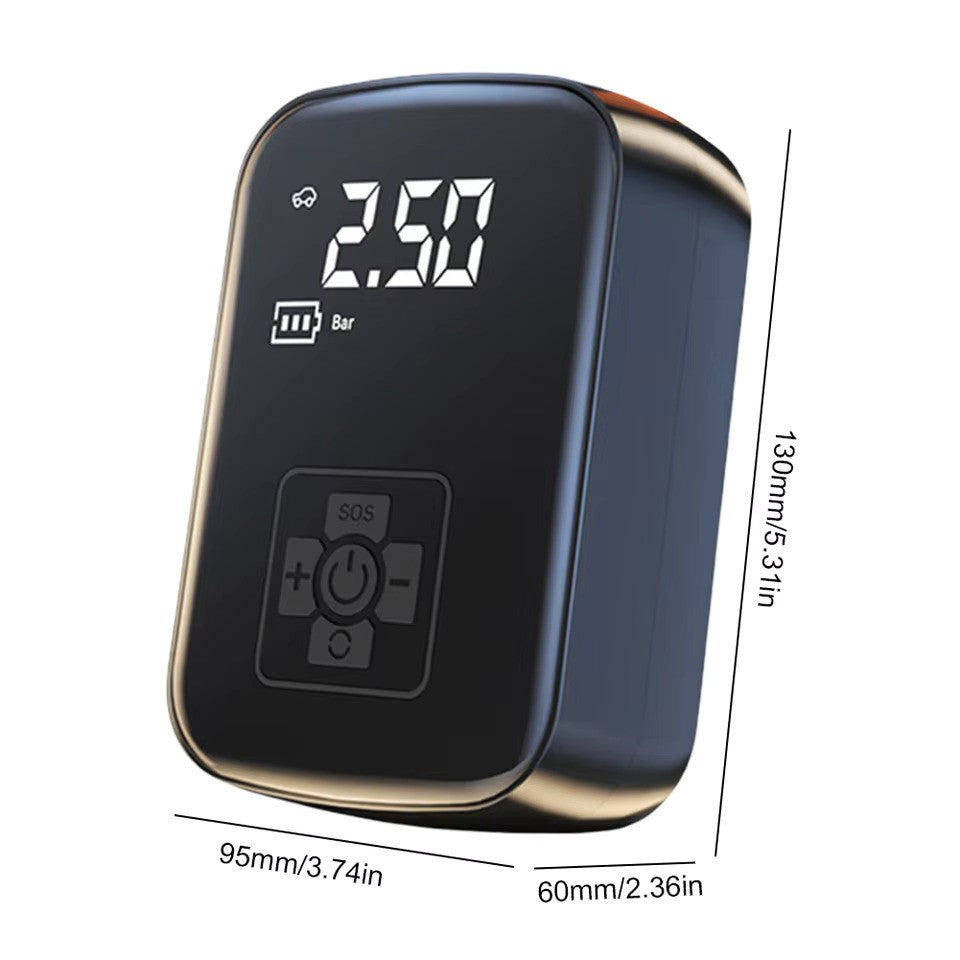 Portable tire inflator size chart in millimeters and inches: 5.12 x 3.74 x 2.36in.