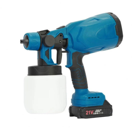Blue and black electric handheld paint spray gun with 21V rechargeable battery