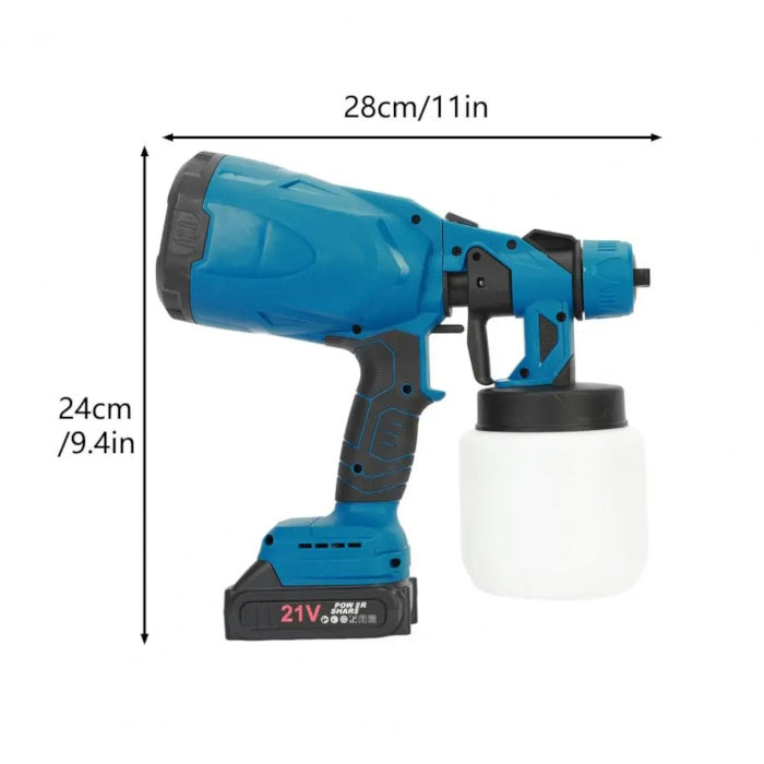 Handheld paint sprayer size diagram showing 28cm length and 24cm height