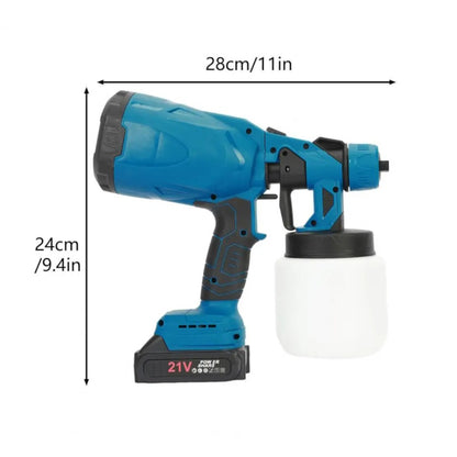 Handheld paint sprayer size diagram showing 28cm length and 24cm height