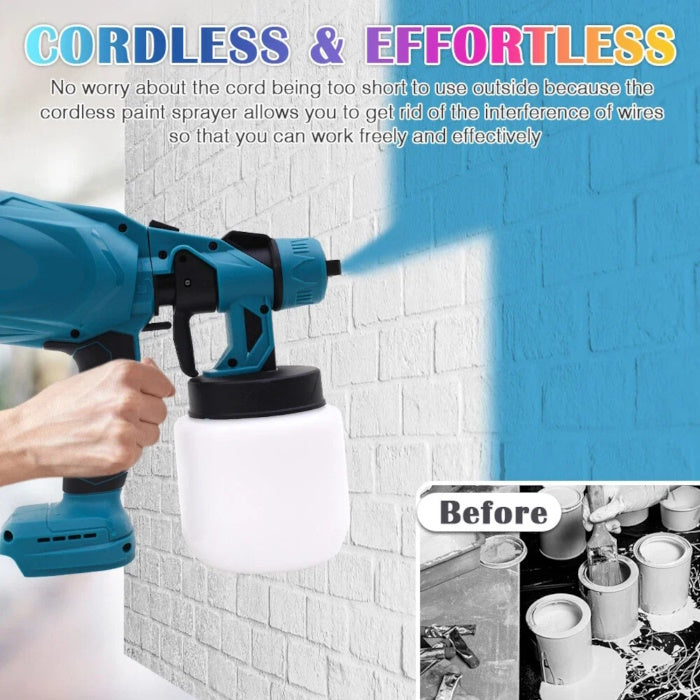 Handheld sprayer painting a white brick wall blue with effortless cordless power