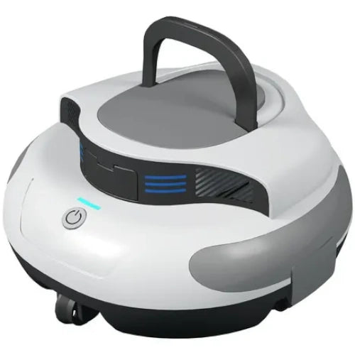 White and grey cordless robotic pool cleaner with handle and power button