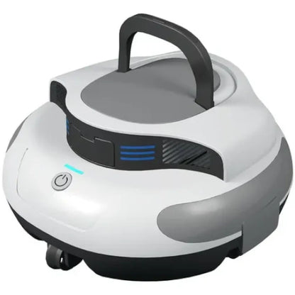 White and grey cordless robotic pool cleaner with handle and power button