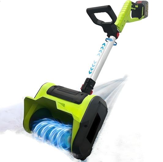 Cordless electric snow shovel clearing snow from a driveway with a 20-foot throw distance.