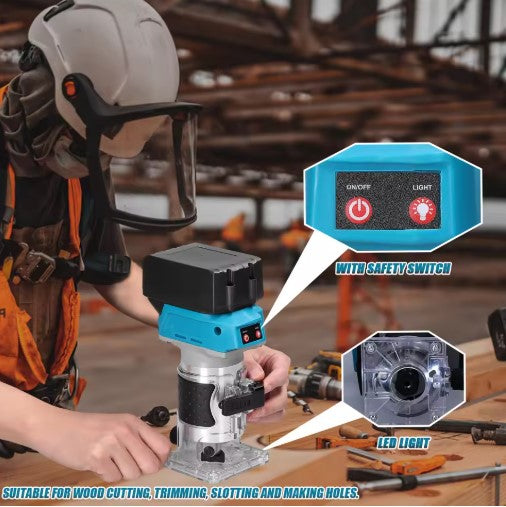 Wood router with safety switch and LED light demonstrated by a worker in a helmet.