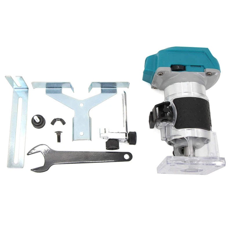 Blue cordless wood router with metal edge guide, wrench, and assembly hardware.