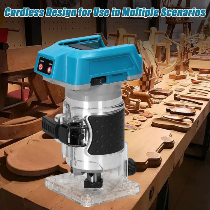 Blue cordless trim router on a wooden workbench with various wood handicrafts.