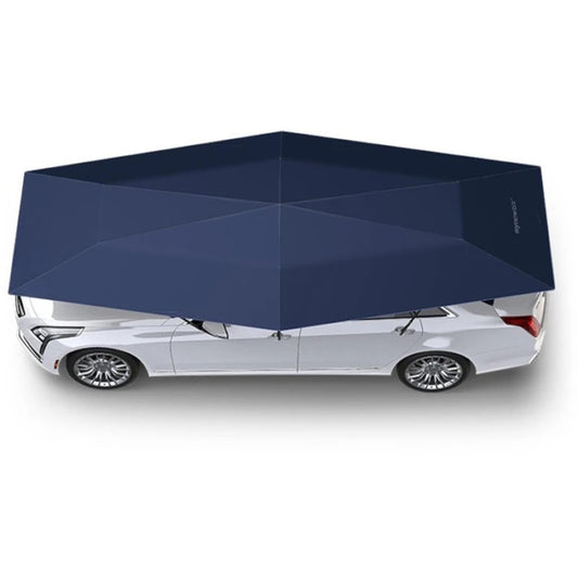 Top view of a dark blue hexagonal anti-UV car sun umbrella on a white sedan