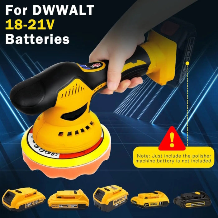 Yellow car polisher being held with various compatible DeWalt batteries shown below.