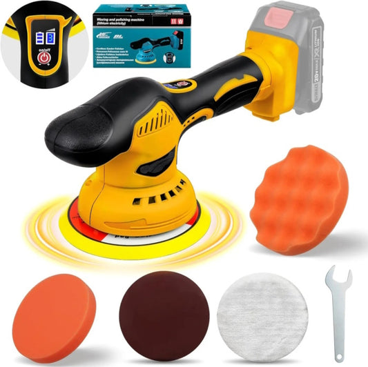 Cordless yellow and black buffer polisher with 20V battery and accessories