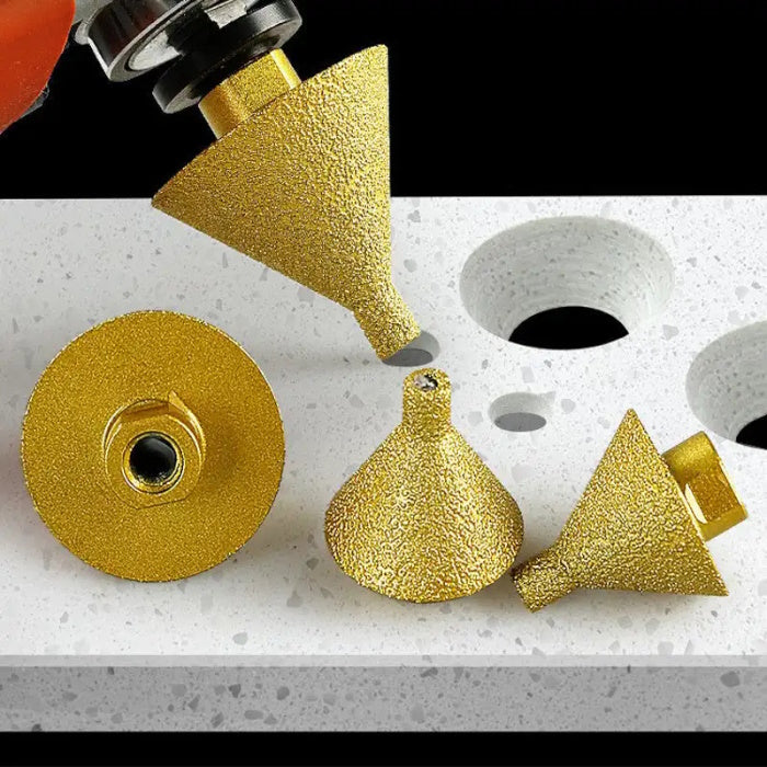 38mm and 50mm diamond chamfer bits showing vacuum brazing and cooling wax tech.