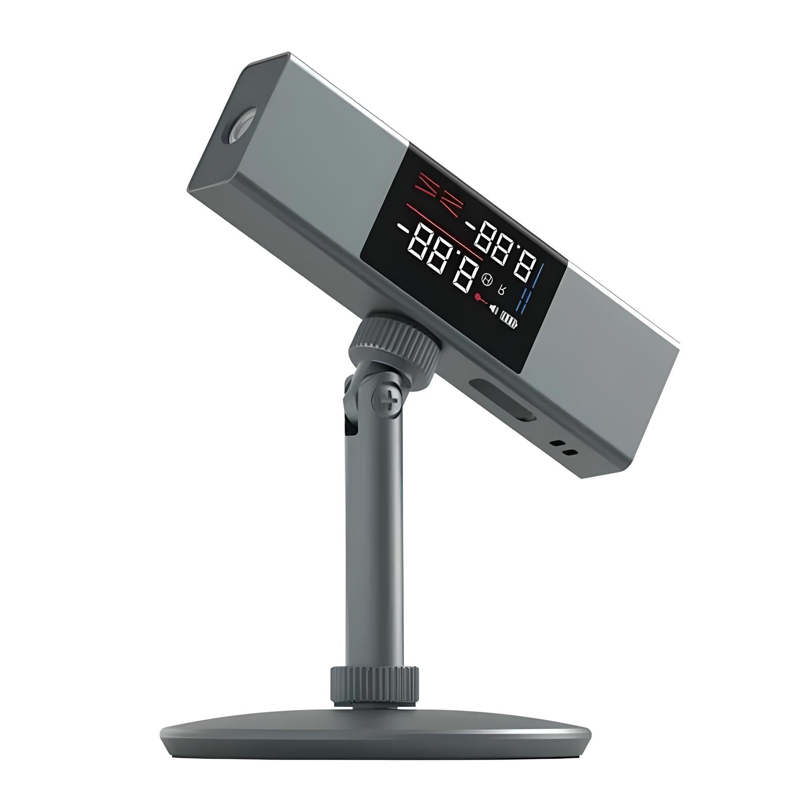 Gray digital laser level with dual LED displays on a swivel tripod stand.