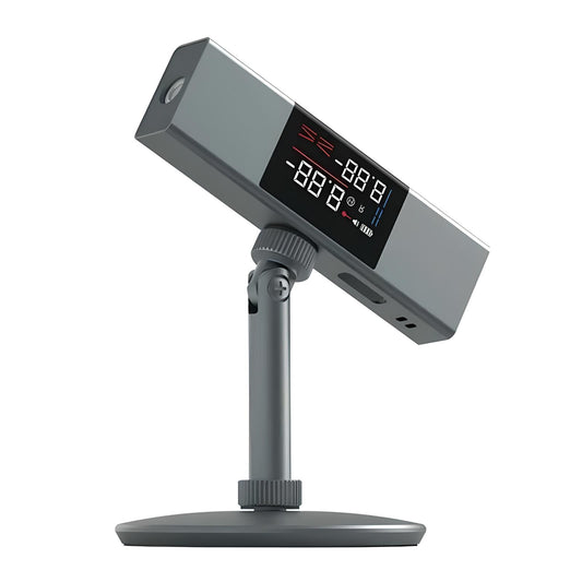 Gray digital laser level with dual LED displays on a swivel tripod stand.