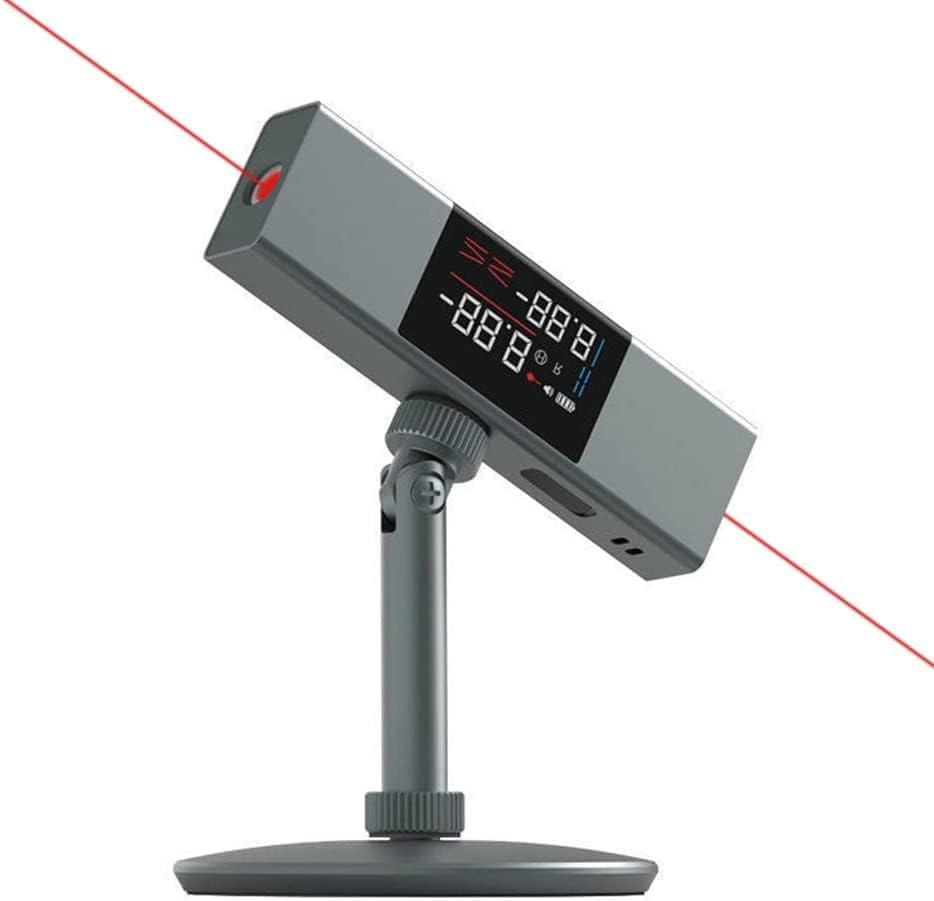 Gray digital laser inclinometer on a stand projecting a red line.