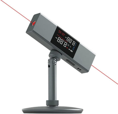 Gray digital laser inclinometer on a stand projecting a red line.