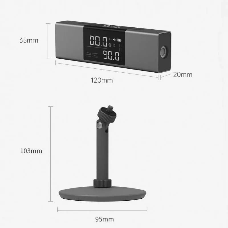 Dimensions of a digital laser angle finder and its adjustable tripod stand.