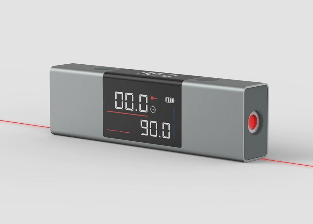 Compact digital level tool projecting a red laser line on a flat surface.