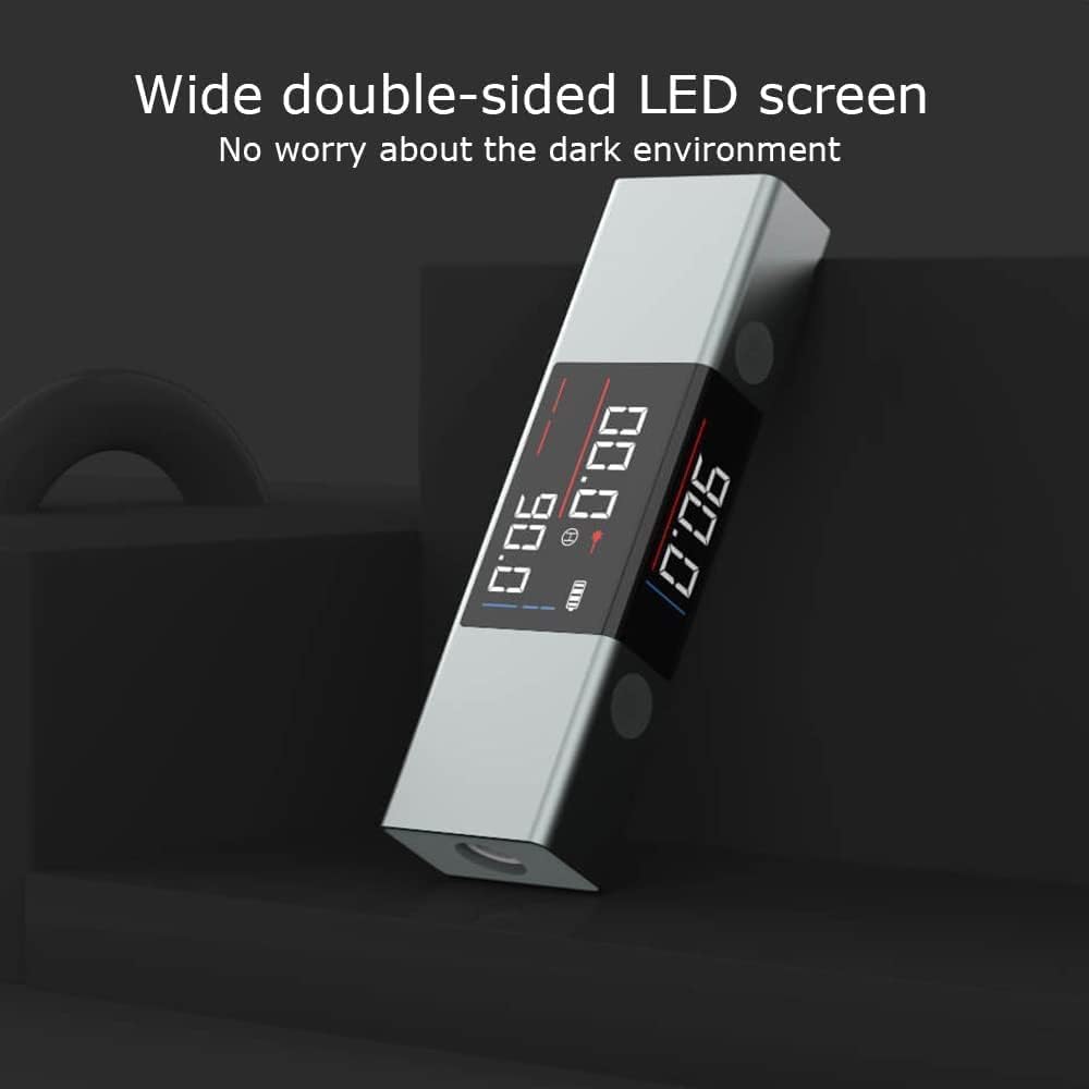 Digital level with wide double-sided LED screens for easy reading in the dark.