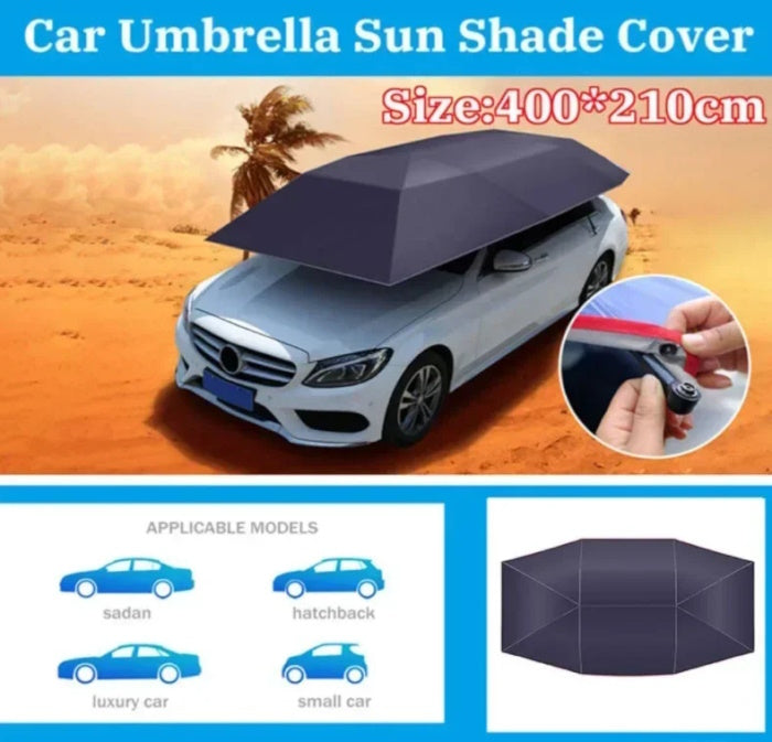 Hands securing a portable car umbrella to a vehicle for quick sun protection