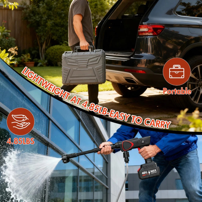 Cleaning a car wheel and tire with a high-pressure cordless water spray gun