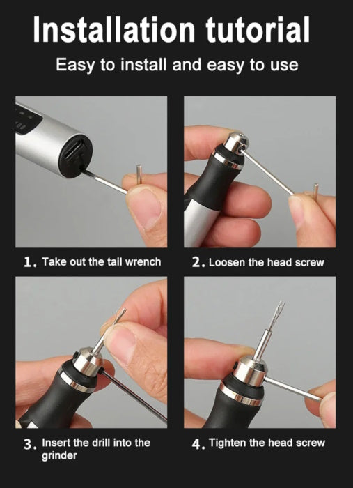 Diagram showing easy bit installation and ergonomic handle of the engraving pen.