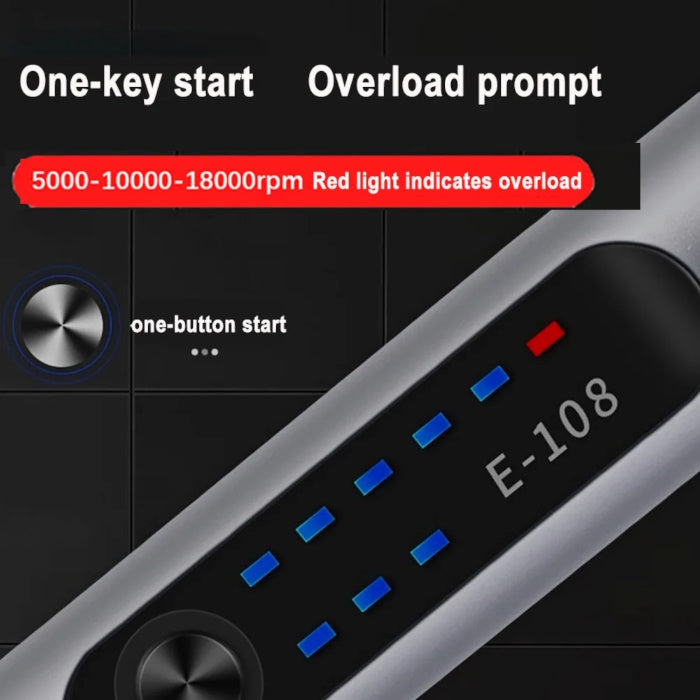Micro-engraver handle showing speed adjustment button and LED indicator lights.