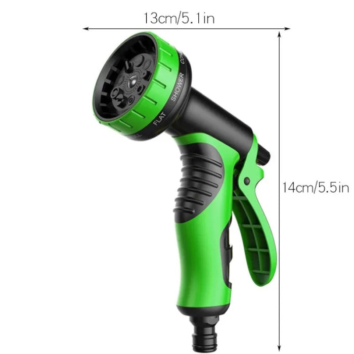 Green and black garden spray nozzle measuring 13cm by 14cm with ergonomic handle