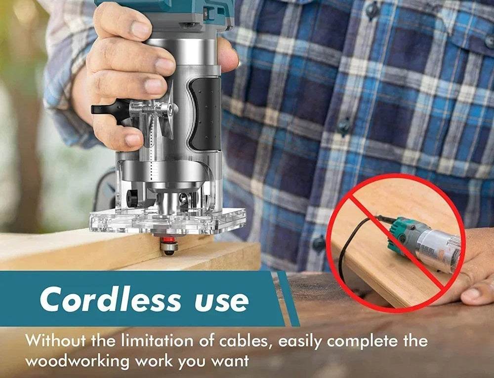 Worker holding a cordless wood router with a non-slip grip in a carpentry sho