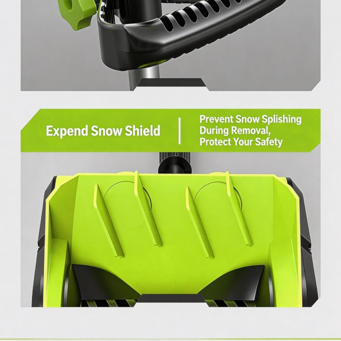 Electric snow shovel with a green expend snow shield.