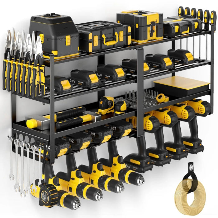 4-tier wall mounted tool rack loaded with drills, batteries, and hand tools.