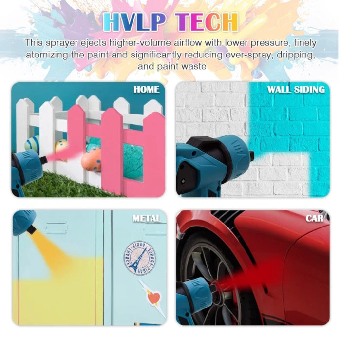 HVLP paint sprayer examples on fences, wall siding, metal cabinets, and cars