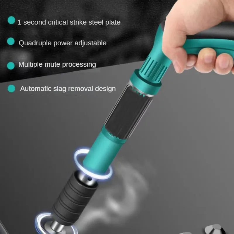A steel nail gun showing 1-second strike and automatic slag removal features.