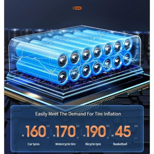 Internal battery cells showing inflation capacity for cars, bikes, and basketballs.