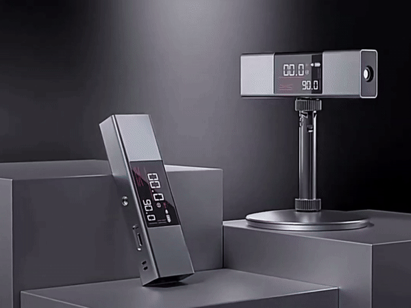 Close-up of a digital angle finder screen showing 00.0 and 72.7 measurements.
