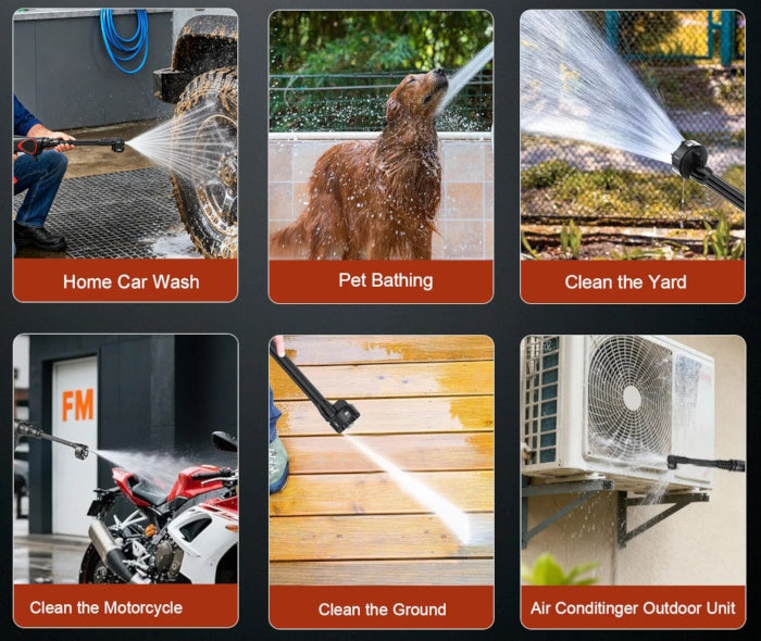 Cordless pressure washer with foam cannon spraying thick soap on a car wheel