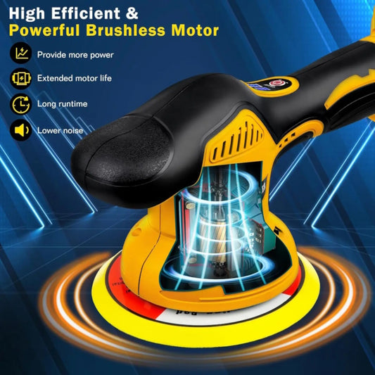 Yellow brushless car buffer showing internal motor and four key benefits