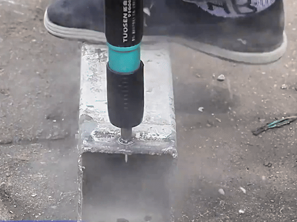 A comparison showing a manual steel nail gun being faster than a hammer.