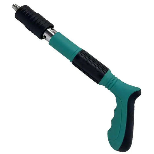 manual steel nail gun with an ergonomic handle on white.