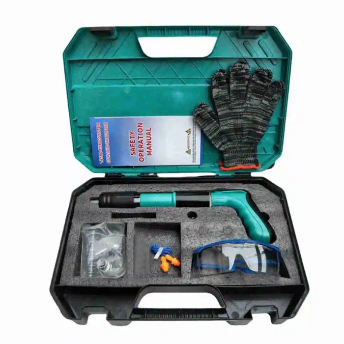 Manual steel nail gun kit with safety glasses, gloves, and earplugs in a case.
