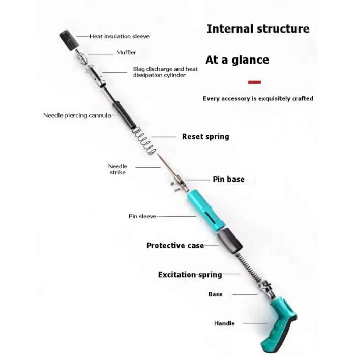 Exploded view diagram of a manual steel nail gun showing all internal parts.