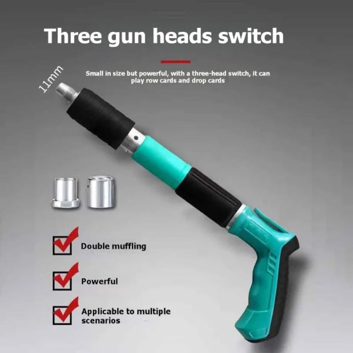 Manual steel nail gun with three interchangeable heads and double muffling.
